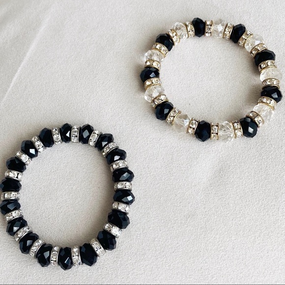 2 Stretch Bracelets Rhinestone Black Crystal Gold - Picture 1 of 5